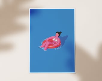 Girl in Swimming Pool Print, Summer Wall Art, Minimalist Illustration