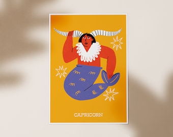 Capricorn Zodiac Art Print, Astrology Illustration, December January Birthday Gift