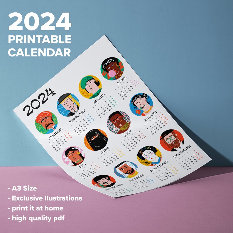People 2024 Printable Calendar, 2024 Year Calendar, A3 Calendar, Artist