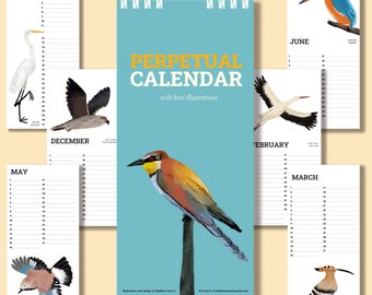 perpetual birthday calendar, printable perpetual calendar, birds calendar, undated planner, birthday calendar animal, printable calendar pdf