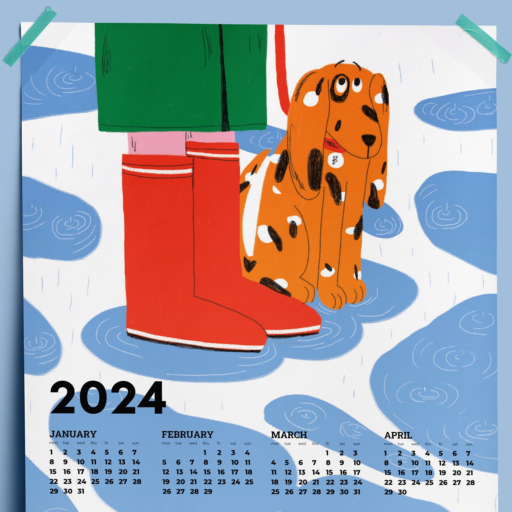 Dog Printable Calendar, 2024 Year Calendar, A3 Calendar, Whole Year