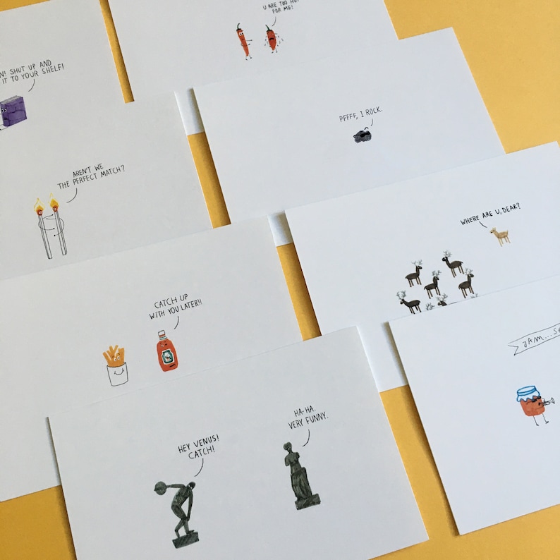 Cartes postales drôles de jeux de mots, paquet de cartes de blagues, cadeaux drôles, carte postale illustrée, carte de la Saint-Valentin, ensemble de cartes postales illustrées amusantes image 1