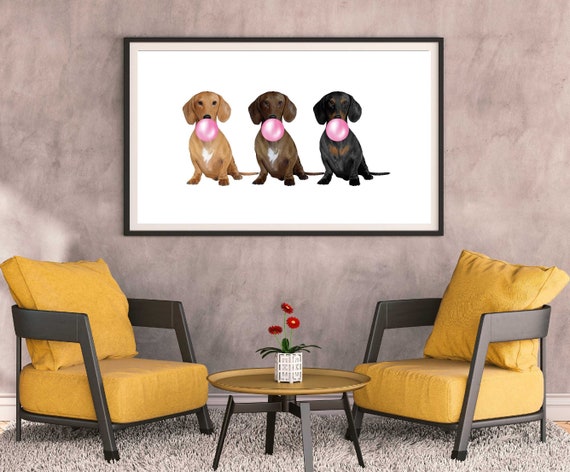 Three Dachshund sausage dogs print, sausage dogs blowing chewing gum, Watercolor sausage dogs portrait, Bubble gum dog art, Pet home decor,