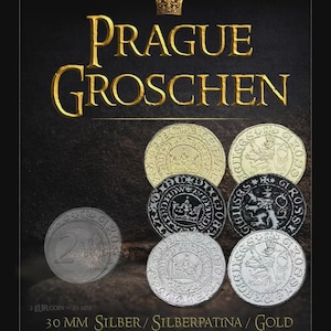 K&ouml;nnte beinhalten: Werbebild mit einer Sammlung von Prager Groschen-M&uuml;nzen. Das Bild zeigt verschiedene M&uuml;nzen in Gold, Silber und Schwarz mit aufwendigen Designs und Texten. Der Text "PRAGUE GROSCHEN" ist in goldfarbenen Buchstaben prominent dargestellt, zusammen mit der Website-Adresse.