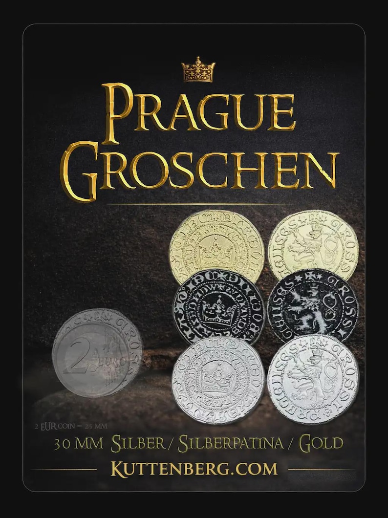 K&ouml;nnte beinhalten: Werbebild mit einer Sammlung von Prager Groschen-M&uuml;nzen. Das Bild zeigt verschiedene M&uuml;nzen in Gold, Silber und Schwarz mit aufwendigen Designs und Texten. Der Text "PRAGUE GROSCHEN" ist in goldfarbenen Buchstaben prominent dargestellt, zusammen mit der Website-Adresse.