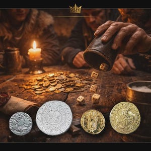 K&ouml;nnte beinhalten: Eine Szene mit schwachem Licht zeigt einen Tisch mit Goldm&uuml;nzen, W&uuml;rfeln und antiken M&uuml;nzen. Eine Person w&uuml;rfelt aus einem Lederbecher. Eine brennende Kerze und ein Krug stehen ebenfalls auf dem Tisch. Das Thema ist mittelalterlich oder fantastisch.