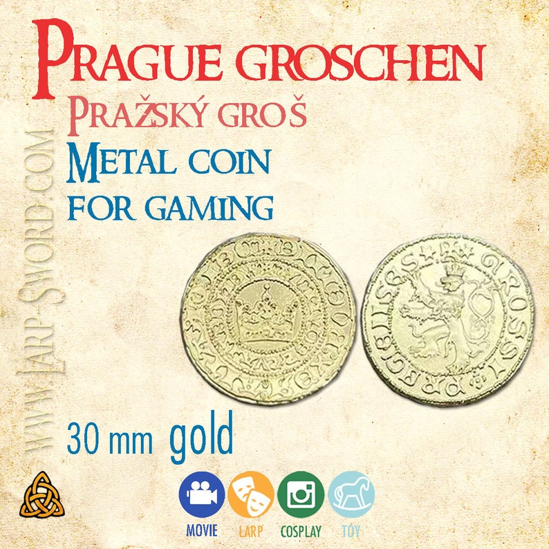 K&ouml;nnte beinhalten: Zwei goldfarbene Metallm&uuml;nzen mit aufwendigen Designs. Der Text "PRAGUE GROSCHEN" und "METAL COIN FOR GAMING" sind sichtbar. Die M&uuml;nzen haben einen Durchmesser von 30 mm (ca. 3 cm).
