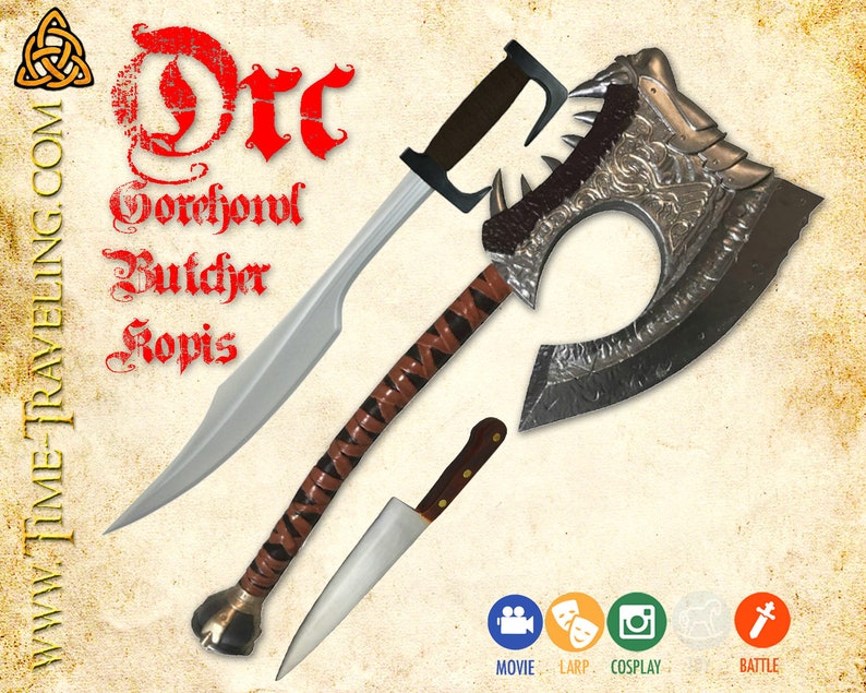 Orc Set Gorehowl Axe Mace and Butcher Knife for Larp Etsy