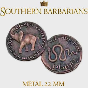 May include: Two antique metal coins. One coin features an elephant, the other a snake. The coins are 22 mm in diameter. The text "SOUTHERN BARBARIANS" is above the coins.
