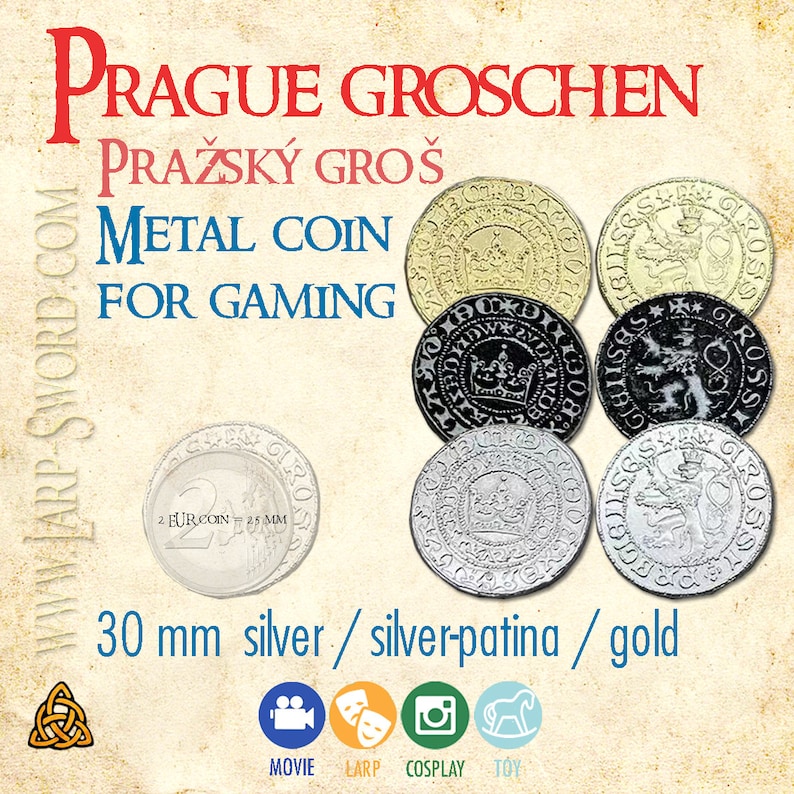 K&ouml;nnte beinhalten: Eine Sammlung von Metallm&uuml;nzen f&uuml;r Spiele, in Silber, Gold und Silber-Patina. Die M&uuml;nzen haben einen Durchmesser von etwa 3 cm und tragen den Schriftzug "Prague Groschen".