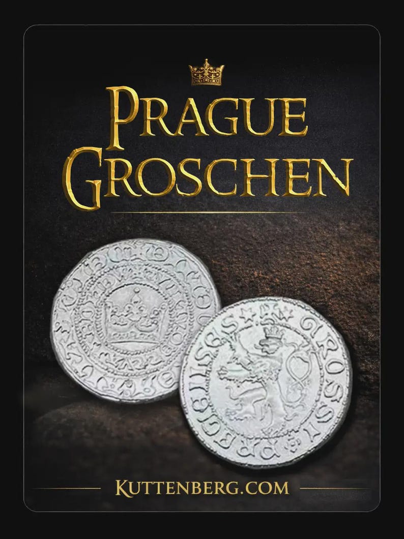 K&ouml;nnte beinhalten: Zwei silberne Prague Groschen M&uuml;nzen. Die M&uuml;nzen sind rund und weisen detaillierte Gravuren auf, darunter eine Krone und einen L&ouml;wen. Der Text "PRAGUE GROSCHEN" steht in goldfarbenen Buchstaben &uuml;ber den M&uuml;nzen, mit "KUTTENBERG.COM" unten.