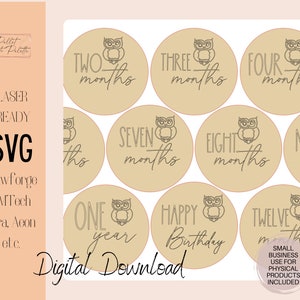 May include: A set of 12 round, beige-colored, printable stickers with an owl design. Each sticker features a different age milestone, from "Two Months" to "Twelve Months".