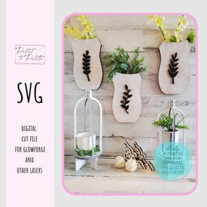 ボタニカル ウォール 花瓶 デコレーション ウォール 花瓶 3 個セット デジタル ダウンロード SVG | レーザーカット ファイル | Glowforge SVG フラワー ポケット ディスプレイ 花瓶