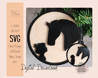 Adorno de caballo y niño SVG: Archivo cortado con láser (descarga digital)
