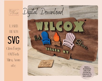 May include: Wooden sign with the name "WILCOX" in green letters, featuring a campfire, Adirondack chairs, and the text "Ride" and "Share." The sign also includes the text "BERGEN NY" and "Digital Download."