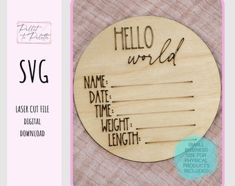 Anuncio de bebé "Hola Mundo" SVG: Archivo cortado con láser (Descarga digital)