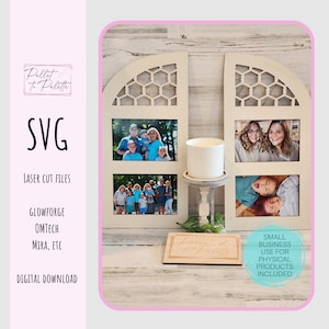 May include: A laser cut wooden frame with a honeycomb design and four photo openings. The frame is designed to hold four 4x6 inch photos. The frame is a digital download file for use with laser cutting machines.