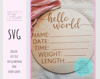 Anuncio de bebé "Hola Mundo" SVG: Archivo cortado con láser (Descarga digital)