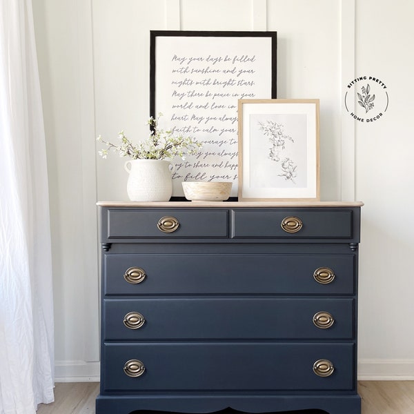 SOLD EXAMPLE ONLY Vintage Cherry Hepplewhite Dresser Charcoal Navy Chest of Drawers Solid Wood Dovetail Sterling House Furniture