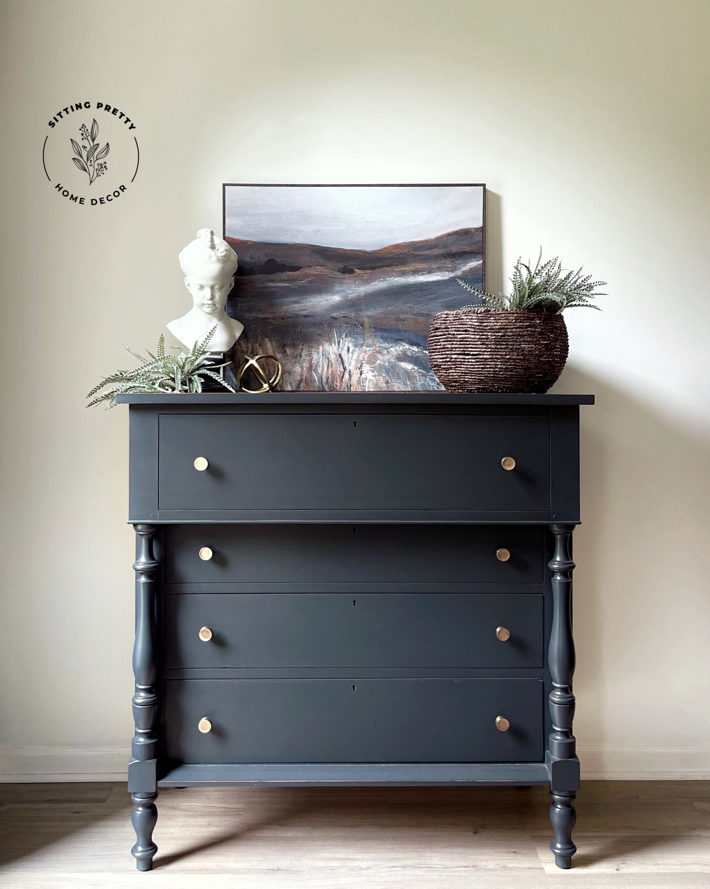 SOLD EXAMPLE ONLY Cherry Dresser Deep Navy Green Black Gold Knobs
