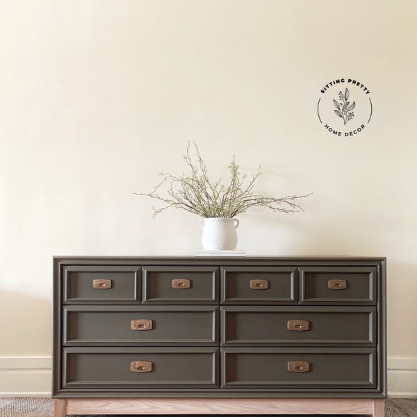 SOLD EXAMPLE ONLY Stunning Olive Bronze Lane Dresser Oak Base Gold Campaign Style Pulls