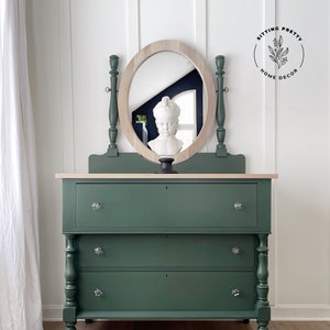 SOLD — Empire Style Solid Cherry Emerald DRESSER with Detachable Mirror GLASS Knobs Green Chest of Drawers