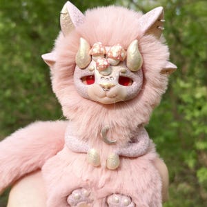 Pink mushroom cat Unique kawaii creature OOAK art doll Fantasy plush fairy figurine Stuffed animal Cute room decor Handmade gift 13 cm