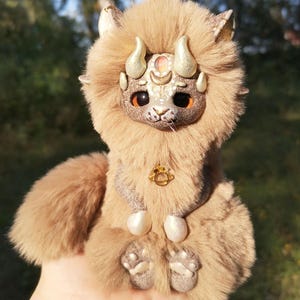 Kawaii beige cat Ooak art doll Handmade creepy cute plush Fantasy Stuffed animal Fluffy goth home decor Unique gift for girl 14 cm
