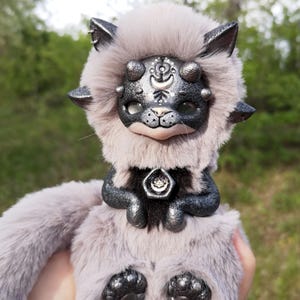 Gray moon cat Fantasy animal Ooak art doll Pastel goth doll Interior figurine Mythical creature Creepy cute stuffed animal 13 cm