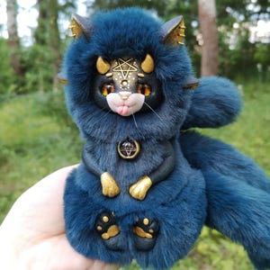 Three-tailed Baphomet cat Turquoise fantasy animal Ooak art doll Handmade witchy decor Gothic cute plush Mythical creature Goth figurine
