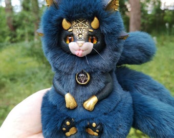 Baphomet Cat Art Doll: Three-Tailed Gothic Plush, Turquoise Fantasy Creature