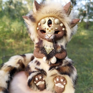 OOAK Fantasy Leopard Art Doll: Fluffy Kawaii Plush, Handmade Decor