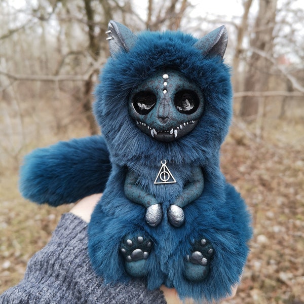 Fluffy Skeleton doll Turquoise goth plush Animal skull doll Gothic decor Ooak fantasy creature Wendigo Creepy stuffed animal Handmade gift