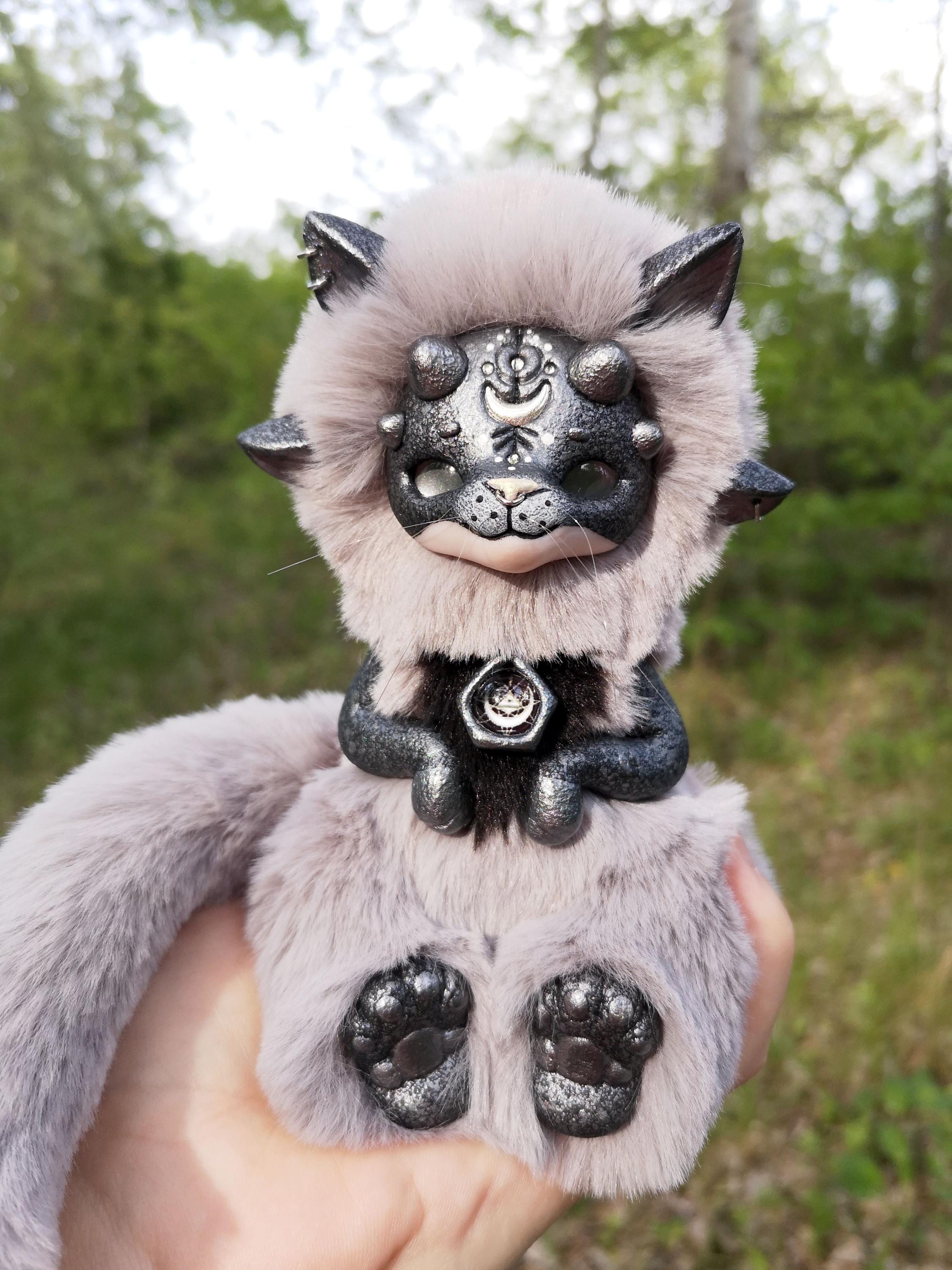 Gray moon cat Fantasy animal Ooak art doll Pastel goth doll Interior figurine Mythical creature Creepy cute stuffed animal 13 cm