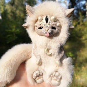 Kawaii fantasy cat Milky fluffy animal Mythical creature Fairy sculpture OOAK art doll Handmade creepy cute plush Unique gift for girl 14 cm