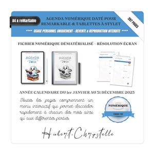 Puede incluir: Una agenda digital para el año 2025 con una ilustración de un fantasma en la portada. La agenda está diseñada para ser utilizada con una tableta Remarkable y un lápiz. El texto "USAGE PERSONNEL UNIQUEMENT - REVENTE & REPRODUCTION INTERDITE" está impreso en la página. El texto "ANNÉE CALENDAIRE DU ler JANVIER AU 31 DÉCEMBRE 2025" está impreso en la página. El texto "ANKEE NUMÉRIQUE FORMAT PDF" está impreso en la página.