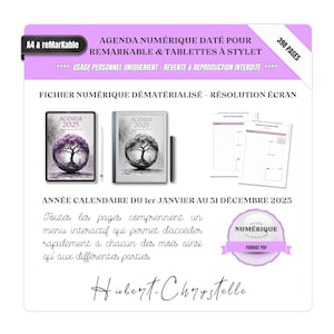 Könnte beinhalten: Ein digitaler Planer für das Jahr 2025, der für die Verwendung mit einem Remarkable-Tablet oder einem ähnlichen Gerät konzipiert ist. Der Planer zeigt eine Schwarzweiß-Baumillustration auf grauem Hintergrund. Der Text "Agenda 2025" ist in Weiß auf schwarzem Hintergrund dargestellt. Der Text "Année Calendaiere du 1er Janvier au 31 Decembre 2025" ist in Schwarz auf weißem Hintergrund dargestellt. Der Text "Numerique" ist in Weiß auf lila Hintergrund dargestellt. Der Text "Format PDF" ist in Weiß auf schwarzem Hintergrund dargestellt.