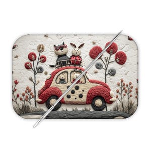 May include: A whimsical illustration of a red and cream-colored car filled with animal characters, including cats and rabbits. The car is adorned with red wheels and is surrounded by stylized plants with red and gray accents, set against a textured background.