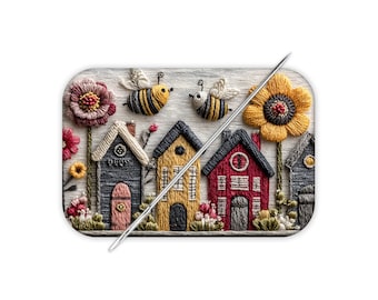 Large Bee Needle Minder, Embroidered Village Cover Minder