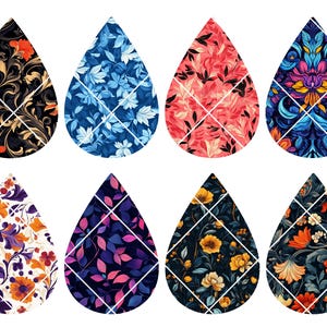 Könnte beinhalten: Acht tropfenförmige digitale Papierdesigns mit verschiedenen Blumenmustern. Die Designs zeigen eine Vielzahl von Farben, darunter Blau, Rot, Rosa, Lila, Gelb, Orange und Grün.