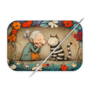May include: A whimsical illustration features an elderly person in a teal coat and orange skirt, smiling at a striped cat. The scene is framed by colorful flowers and foliage, creating a cheerful, storybook aesthetic.
