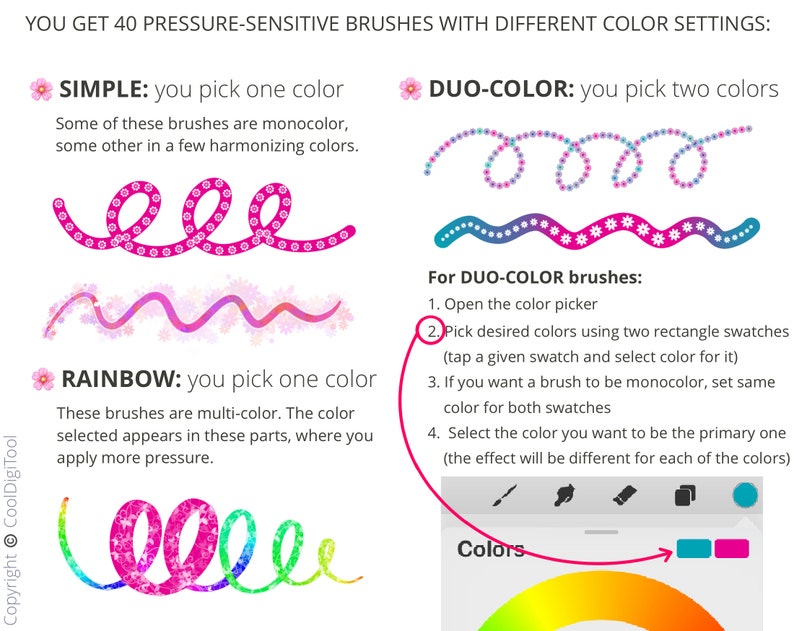 May include: Illustration showing different brush settings for a digital art program. The settings include "Simple", "Duo-Color", and "Rainbow". The "Duo-Color" setting shows a color picker with two swatches and instructions on how to use the setting.