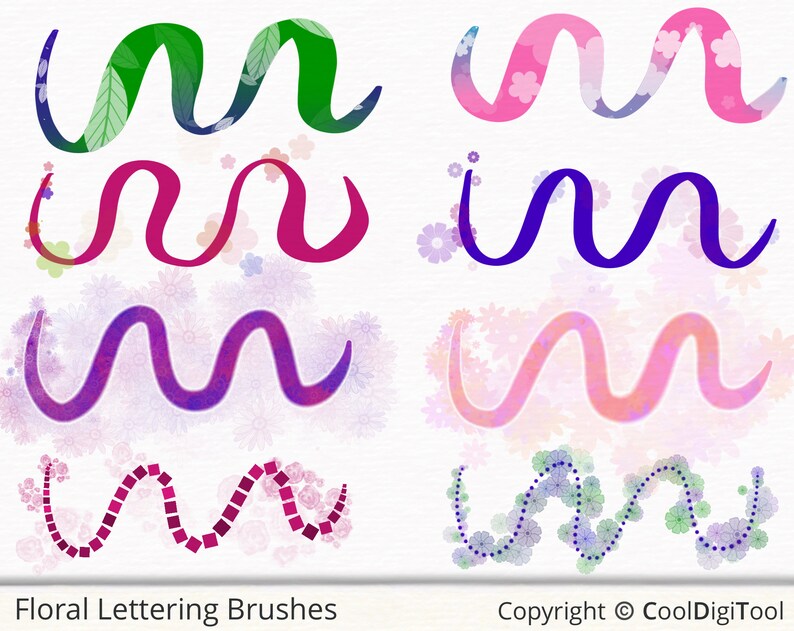 May include: A set of eight floral lettering brushes, featuring a variety of styles and colors. The brushes are designed to create a whimsical and elegant look for your lettering projects. The brushes are perfect for adding a touch of floral flair to your designs.