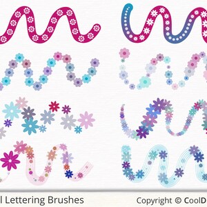 May include: Set of 8 digital floral lettering brushes. The brushes are in various shades of pink, blue, and purple. Each brush features a wavy line with flowers along the line. The text "Floral Lettering Brushes" and "Copyright &copy; CoolDigiTool" is at the bottom of the image.