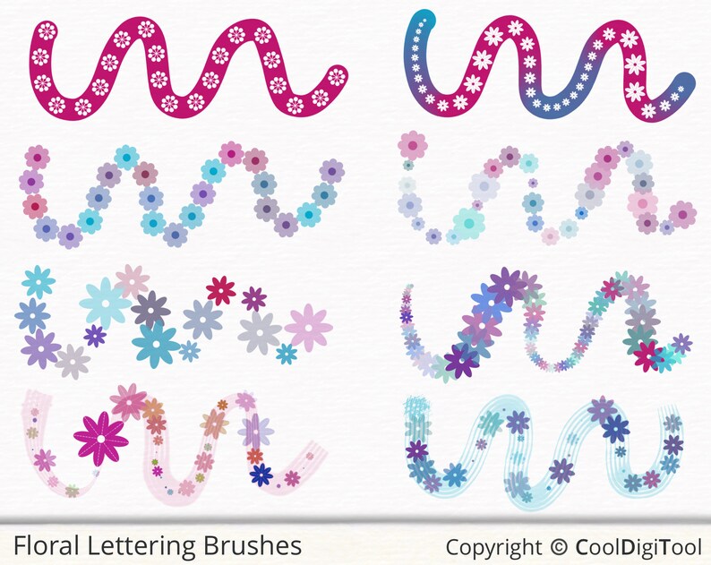 May include: Set of 8 digital floral lettering brushes. The brushes are in various shades of pink, blue, and purple. Each brush features a wavy line with flowers along the line. The text "Floral Lettering Brushes" and "Copyright &copy; CoolDigiTool" is at the bottom of the image.