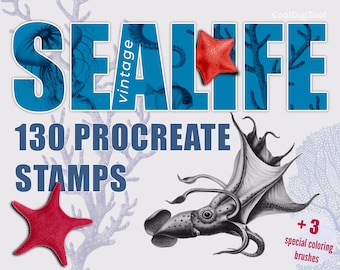 Vintage Marine Procreate Brushes, 130+ Sea Creature Stamp Brushes, Scientific Illustration Stamps, Ocean Clip Art, Digital Download