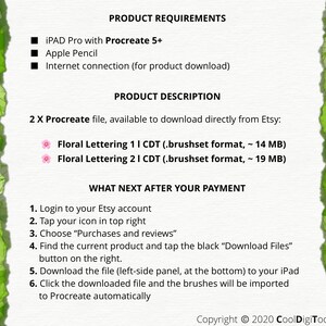 May include: A digital illustration of a green leafy background with a white text box containing information about a Procreate brush set for floral lettering. The text box includes the title "Product Requirements", "Product Description", and "What Next After Your Payment". The text box also includes a list of requirements for using the brush set, a description of the brush set, and instructions on how to download and use the brush set.