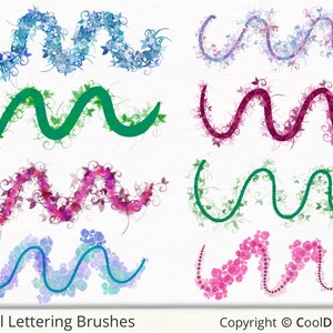 May include: Eight digital brush strokes in the shape of a wavy line, each with a different floral design. The designs include blue, green, pink, and purple flowers. The text "Floral Lettering Brushes" and "Copyright &copy; CoolDigiTool" are at the bottom of the image.