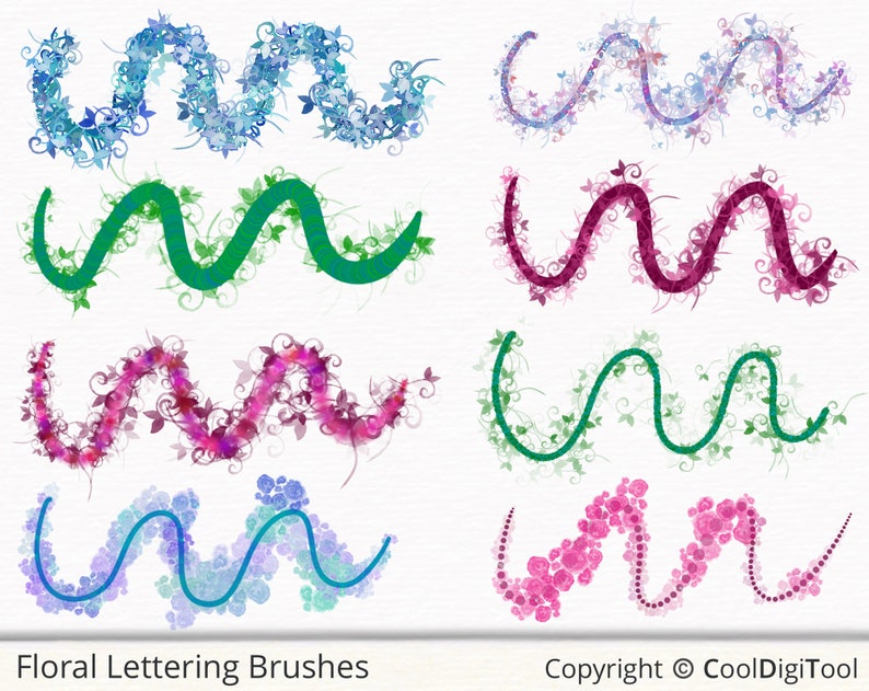 May include: Eight digital brush strokes in the shape of a wavy line, each with a different floral design. The designs include blue, green, pink, and purple flowers. The text "Floral Lettering Brushes" and "Copyright &copy; CoolDigiTool" are at the bottom of the image.