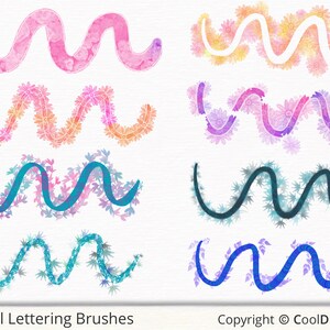 May include: Set of eight digital floral lettering brushes. The brushes feature a wavy line design with different floral patterns in pink, orange, blue, and purple.